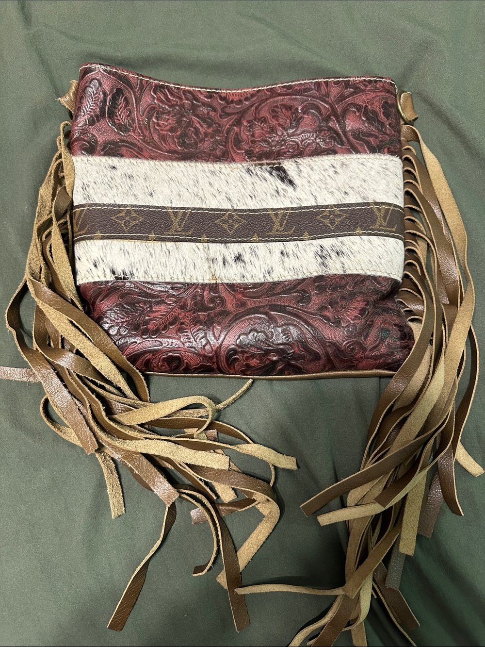 Fringed Tooled Leather Crossbody Bag with hide on designer (real) accents